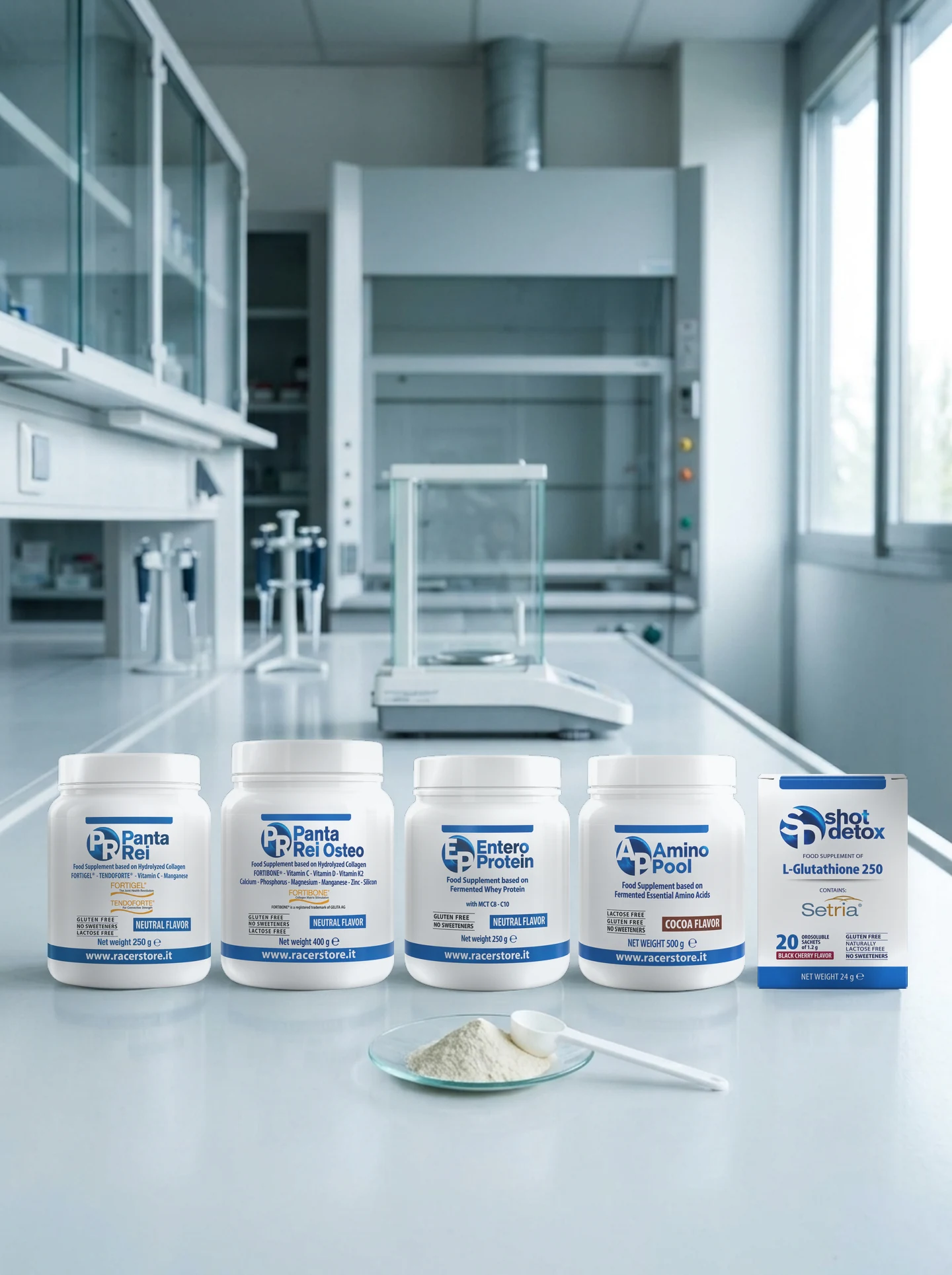 The five Areté formulations and a weighed dose of powder on a laboratory bench