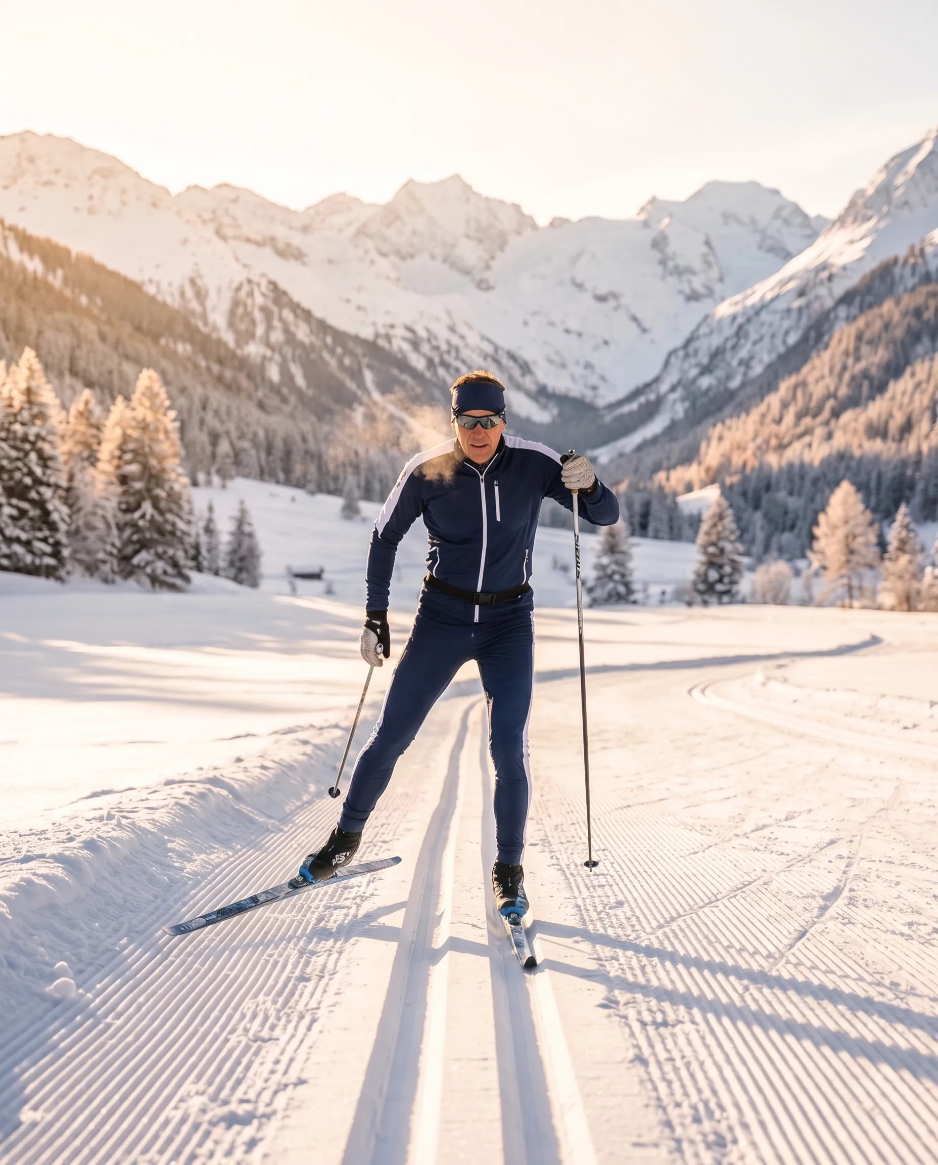 Cross-country skier on groomed tracks in a snowy alpine valley at sunrise